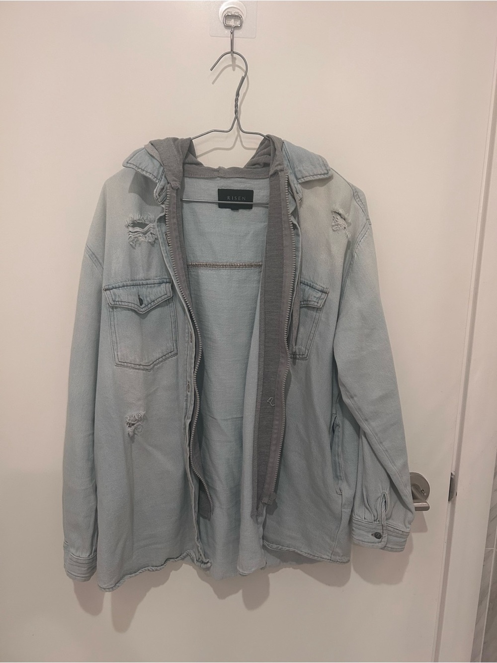 RISEN Hooded Denim Jacket / Shacket – Light Wash. Distressed